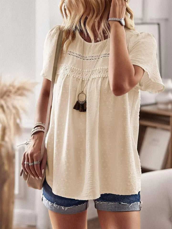 Womens Summer Tops Crewneck Short Sleeve Shirts Casual Chiffon Blouses Flowy Lace Hem Boho Clothing Trendy 2024 XX-Large Apricot Heaventlyshop