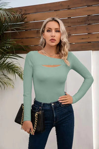 VICHYIE Womens Fashion Fall Clothes One Piece Cutout Tops Long Sleeve Ribbed Slim Fitted Shirts Tee Tshirts Large Long-moss Green Heaventlyshop