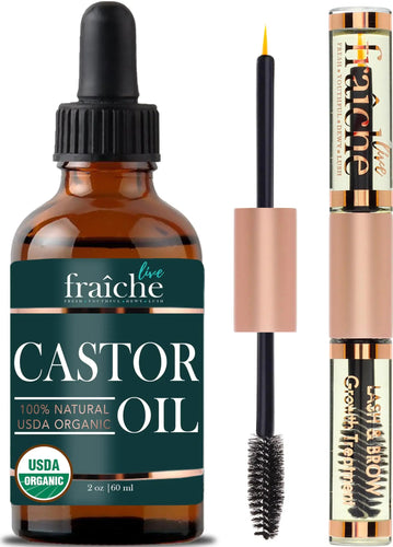 Organic Castor Oil for Face (2oz) + FREE Filled Mascara Tube USDA Cert, 100% Pure, Cold Pressed, Hexane Free by Live Fraiche. Hair Growth Oil for Eyelashes, Eyebrows, Lash Growth Serum. Brow Treatment 2 Fl Oz (Pack of 1) Heaventlyshop