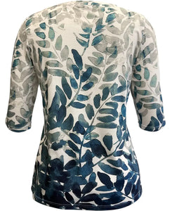 Womens Tops 3/4 Sleeve Shirts Round Neck Loose Casual Blouses Floral Print Tshirts X-Large White Blue Leaf Heaventlyshop