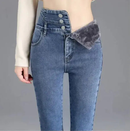 Women's High Waist Jeans Trendy Plush Fleece Heaventlyshop