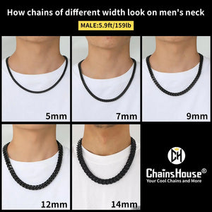 ChainsHouse Stainless Steel Mens Cuban Link Chain, Black/18K Gold Miami Cuban Chain Necklace, 5/7/9mm/12mm Width, No Tarnish& Durable Hip Hop Mens Jewelry, 18"-30", Send Gift Box 20 inches d. 12mm width-black Heaventlyshop