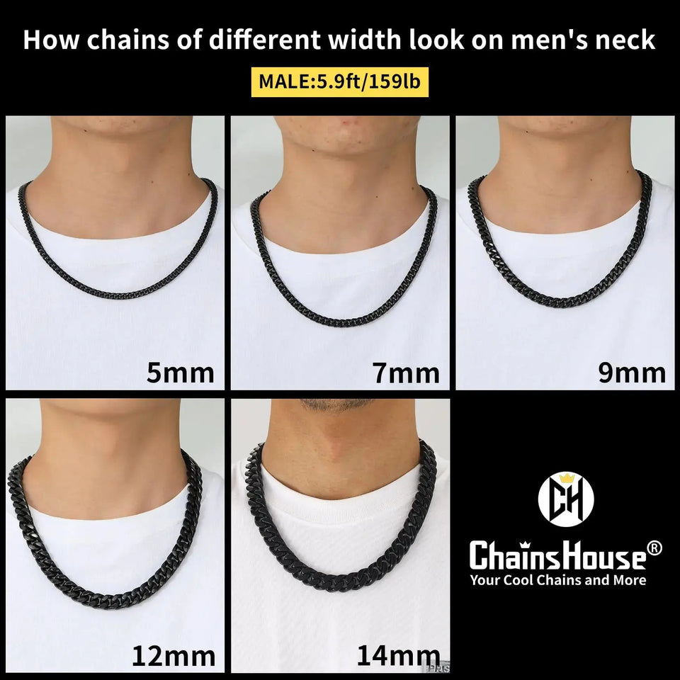 ChainsHouse Stainless Steel Mens Cuban Link Chain, Black/18K Gold Miami Cuban Chain Necklace, 5/7/9mm/12mm Width, No Tarnish& Durable Hip Hop Mens Jewelry, 18"-30", Send Gift Box 20 inches d. 12mm width-black Heaventlyshop