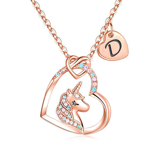 Hidepoo Unicorn Necklace for Girls Gifts - 14K Gold/Rose Gold/White Gold Plated Cubic Zirconia Heart Unicorn Necklace Gifts Jewelry Initial Unicorn Necklace Birthday Gifts Unicorns Gifts for Girls D Rose Gold Heaventlyshop