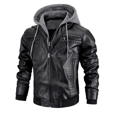 Hooded Jacket With Zipper Pockets Fashion Warm Pu Leather Coat Mens Clothing Heaventlyshop