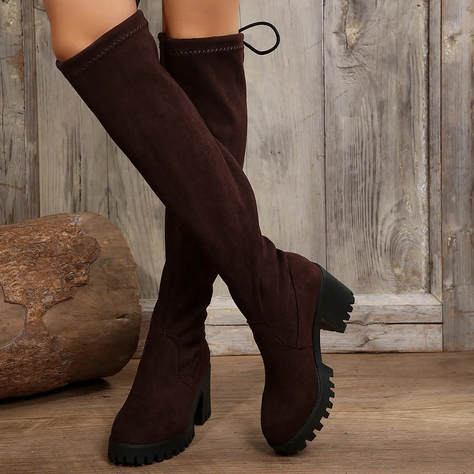 Sexy Leopard Over The Knee Boots With Back Lace-up Design Fashion High-tube Socks Shoes Winter Chunky Heels Long Boots - Heaventlyshop