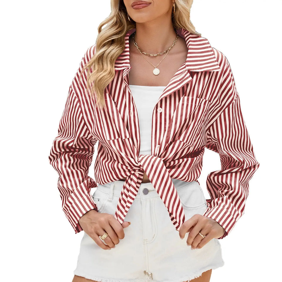 Fashion Striped Long Sleeve Shirt With Pockets Casual Loose Single-breasted Button Top Women Clothing Heaventlyshop