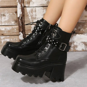 Fashion Round Toe Side Zipper Mid Heel Platform Leather Boots - Heaventlyshop