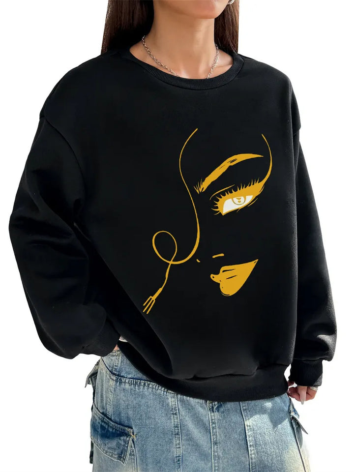 Women Basic Casual Pullover Spring Autumn Long Sleeve Golden Features Printed Round Neck