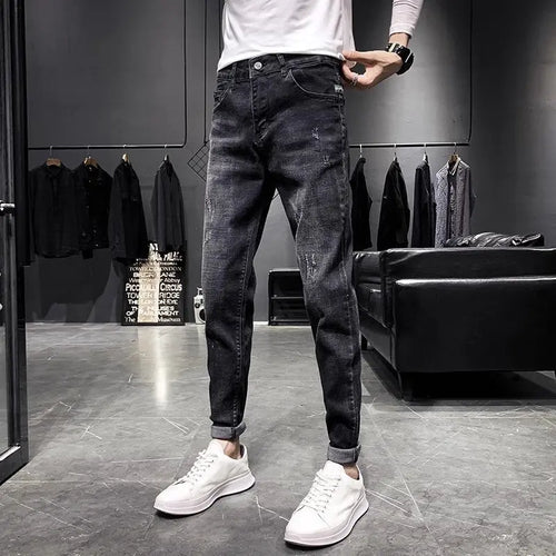 Jeans Men's Black Tapered Cropped Elastic Slim Fit Slimming Heaventlyshop