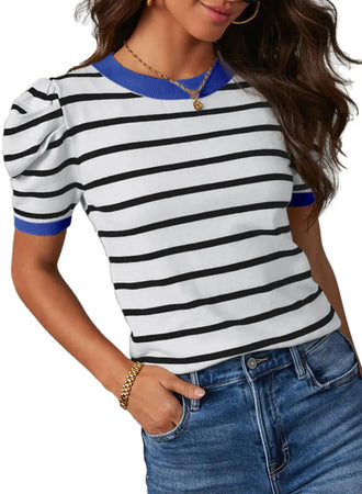 Dokotoo Women's Short Puff Sleeve Knit Tops 2024 Trendy Crewneck Striped T Shirts Casual Summer Blouses Large White Blue Heaventlyshop