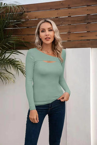 VICHYIE Womens Fashion Fall Clothes One Piece Cutout Tops Long Sleeve Ribbed Slim Fitted Shirts Tee Tshirts Large Long-moss Green Heaventlyshop