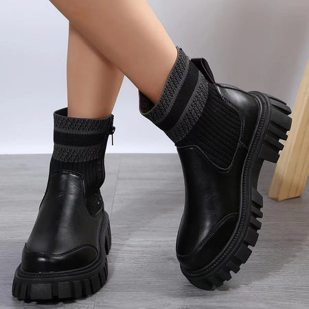 Fashion Mid-tube Boots With Zipper Design Non-slip Thick Sole Elastic Knitted Patchwork Boots For Women Round Toe Shoes Winter - Heaventlyshop