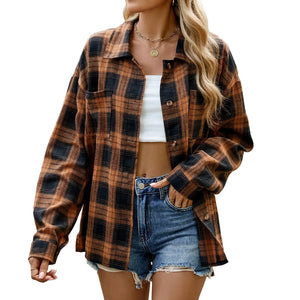 Lapel Plaid Contrast Color Striped Long Sleeve Shirt Coat Heaventlyshop