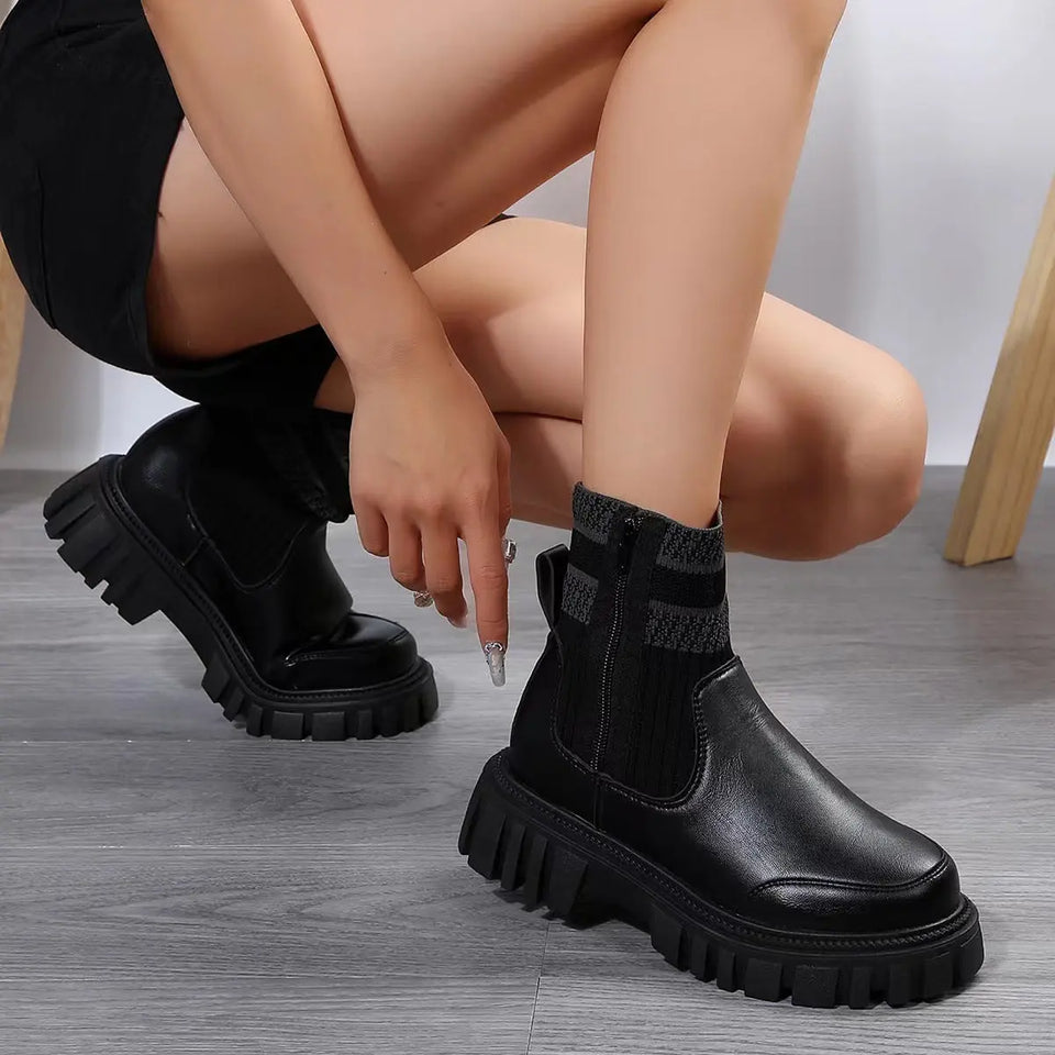 Fashion Mid-tube Boots With Zipper Design Non-slip Thick Sole Elastic Knitted Patchwork Boots For Women Round Toe Shoes Winter - Heaventlyshop