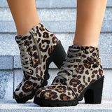 Fashoin Leopard Print Ankle Square Heel Suede Lace-up Zip Boots Women Casual Versatile Shoes Autumn And Winter Heaventlyshop