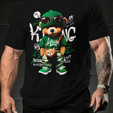 2024 Summer Trendy Men's T-shirt - Cool Bear Pattern, Soft Polyester Fiber, Round Neck Short Sleeve, Street Style