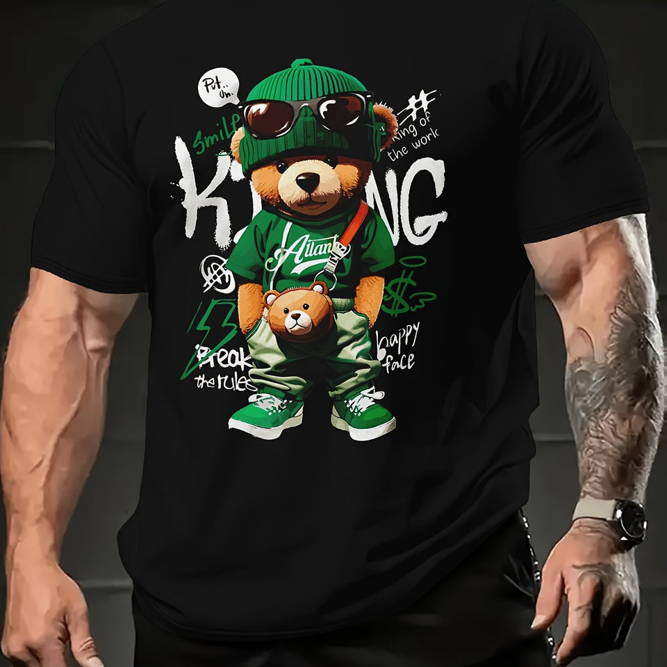 2024 Summer Trendy Men's T-shirt - Cool Bear Pattern, Soft Polyester Fiber, Round Neck Short Sleeve, Street Style