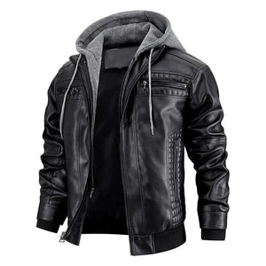 Hooded Jacket With Zipper Pockets Fashion Warm Pu Leather Coat Mens Clothing Heaventlyshop