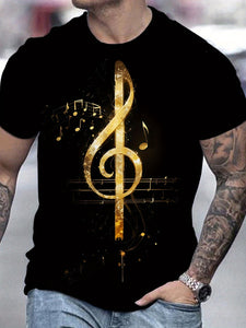 Men's Casual Summer T-shirt With Geometric Notes And Music Symbol Prints, Ideal For Gift Giving
