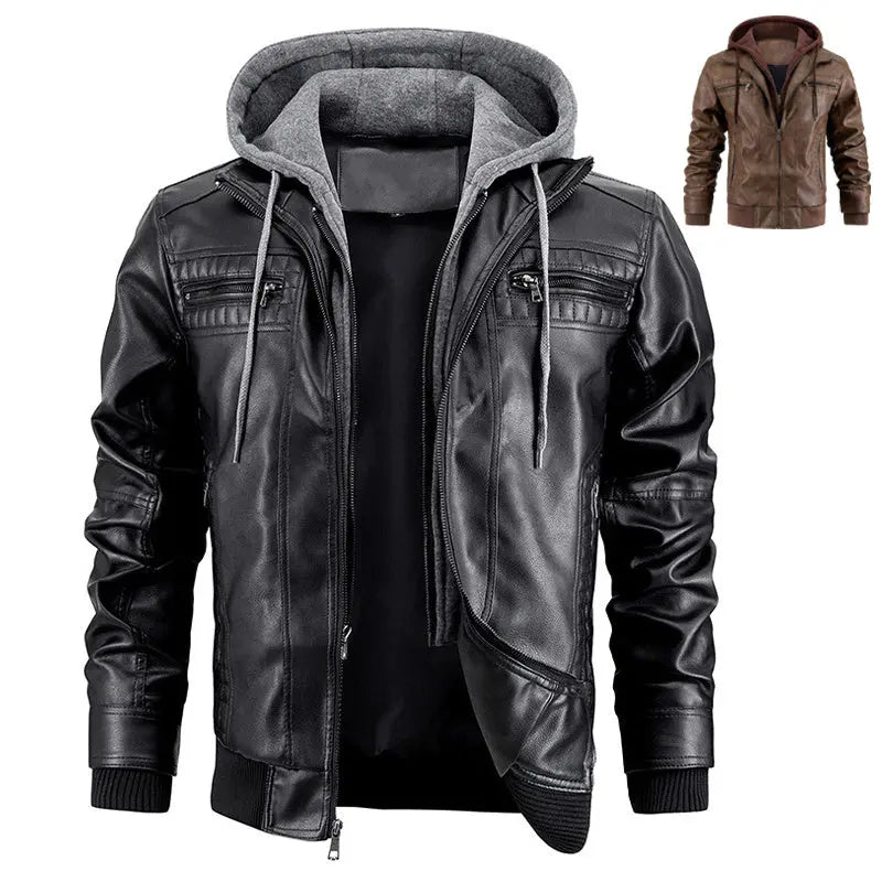 Hooded Jacket With Zipper Pockets Fashion Warm Pu Leather Coat Mens Clothing Heaventlyshop