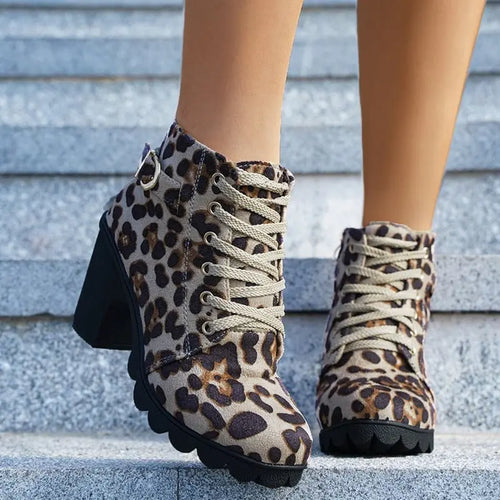 Fashoin Leopard Print Ankle Square Heel Suede Lace-up Zip Boots Women Casual Versatile Shoes Autumn And Winter Heaventlyshop