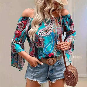 Printed Off-the-shoulder Women's Shirt Elegant Ruffle Sleeve Printed Blouse Sexy Heaventlyshop