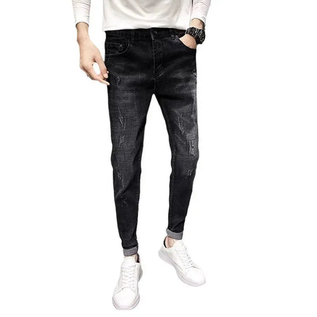 Jeans Men's Black Tapered Cropped Elastic Slim Fit Slimming Heaventlyshop