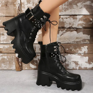 Fashion Round Toe Side Zipper Mid Heel Platform Leather Boots - Heaventlyshop