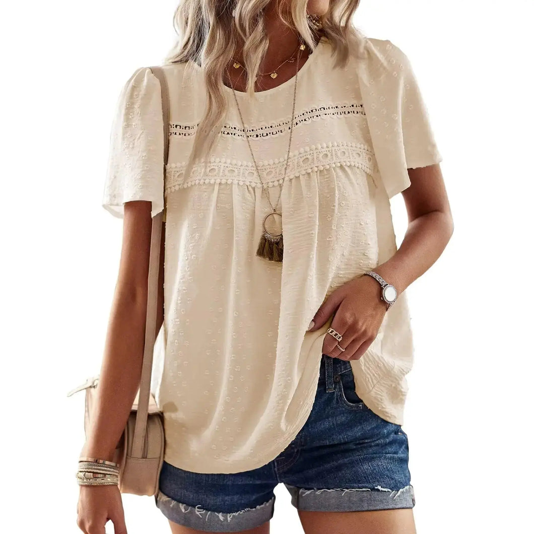 Womens Summer Tops Crewneck Short Sleeve Shirts Casual Chiffon Blouses Flowy Lace Hem Boho Clothing Trendy 2024 XX-Large Apricot Heaventlyshop