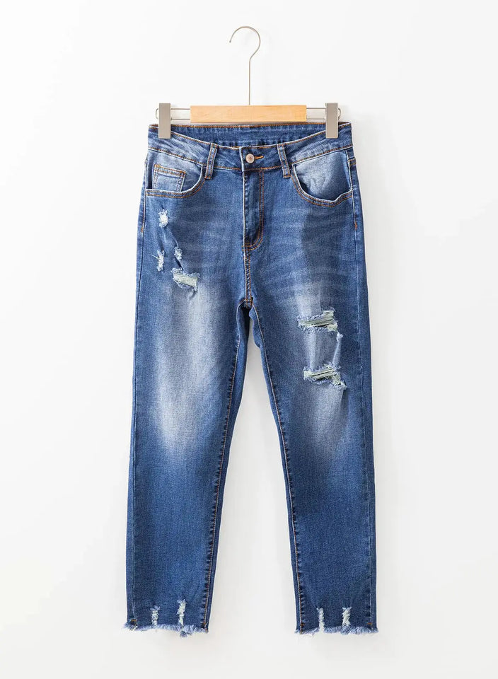 EVALESS Womens Jeans Mid Waisted Stretch Ripped Distressed Tummy Control Straight Ankle Jean for Women Trendy 2024 18 Blue Heaventlyshop