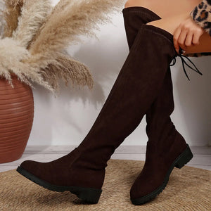 Sexy Leopard Over The Knee Boots With Back Lace-up Design Fashion High-tube Socks Shoes Winter Chunky Heels Long Boots - Heaventlyshop