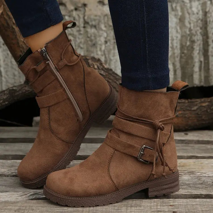 Buckle Square Heel Round Head Fashion Boots New Side Zipper Mid-calf Heaventlyshop