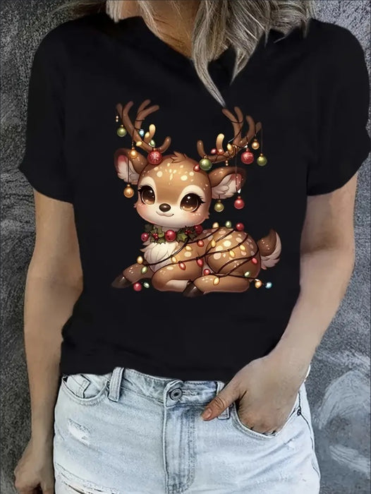 Women's Christmas Print Crew Neck T-Shirt - Casual Short Sleeve Top,  Machine Washable For Spring & Summer, Machine Washable