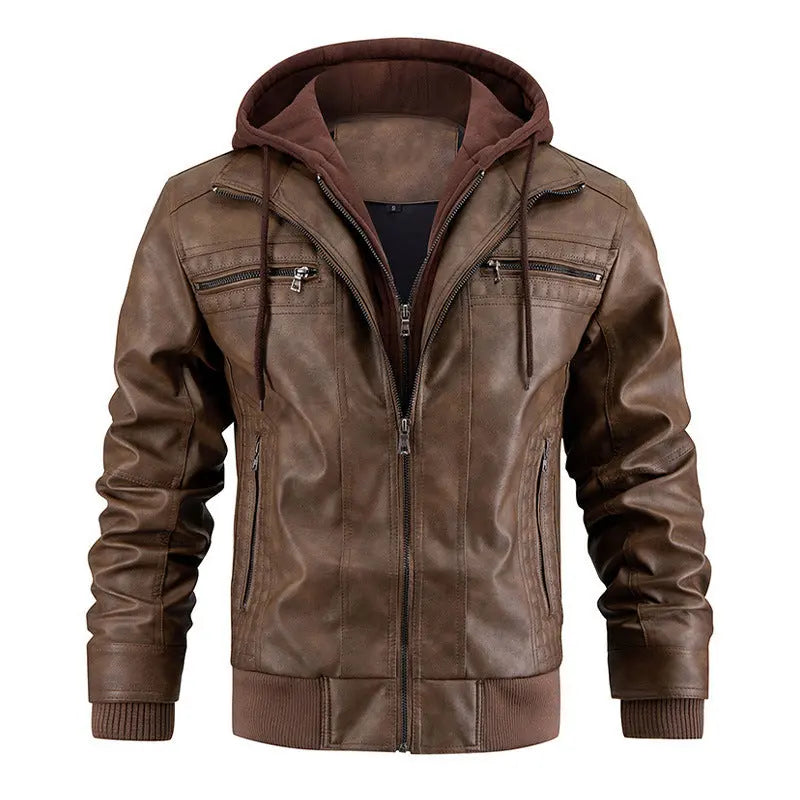 Hooded Jacket With Zipper Pockets Fashion Warm Pu Leather Coat Mens Clothing Heaventlyshop