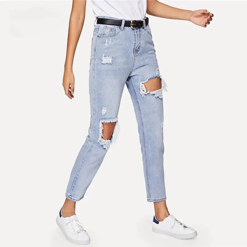 Cut Out Ripped Jeans For Women Blue Denim Trousers Heaventlyshop