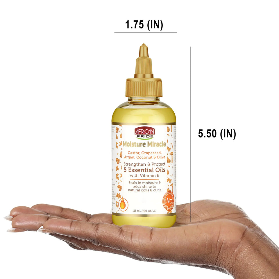 African Pride Moisture Miracle 5 Essential Oils - Contains Castor, Grapeseed, Argan, Coconut & Olive Oil, Seals in Moisture & Adds Shine to Hair, Vitamin E, 4 oz 4 Fl Oz (Pack of 1) Heaventlyshop