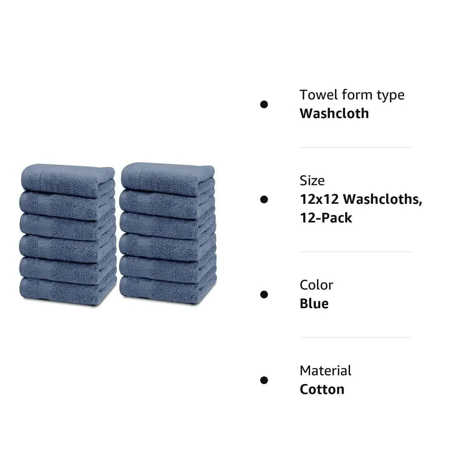 Resort Collection Soft Washcloth Face Body Towel Set 12 Pack Blue 12x12 Luxury Heaventlyshop