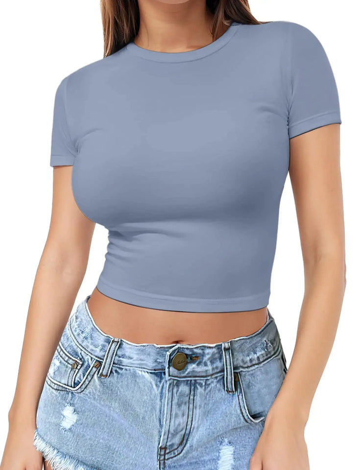 Womens Short Sleeve Crop Top Crew Neck Y2K Shirt Sexy Slim Fitted Casual Base Layer Soft Workout Shirt Going Out Tops X-Small Blue Heaventlyshop