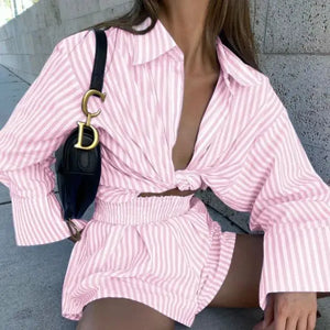 Striped Blouse Shirts and Shorts Matching Set Heaventlyshop