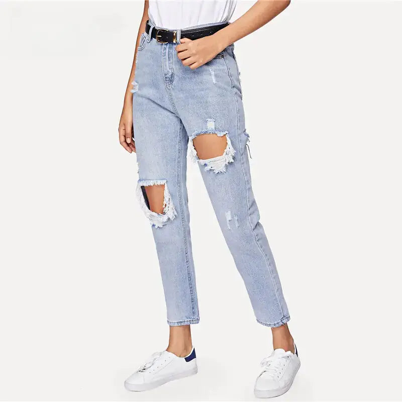 Cut Out Ripped Jeans For Women Blue Denim Trousers Heaventlyshop