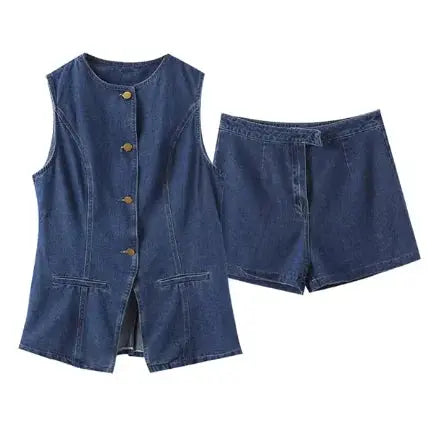 Women's Summer Denim Shorts and Vest Set – High Waist, Wide Leg Heaventlyshop