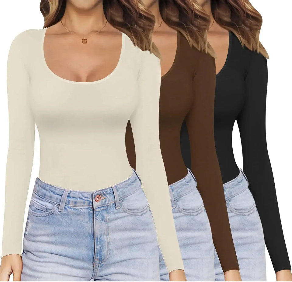 Ekouaer Womens 3 Pack Long Sleeve Shirts Scoop Neck Tops Stretch Fitted Undershirt Lightweight Basic Thermal Tee XS-XXL Black/Beige/Coffee XX-Large Heaventlyshop