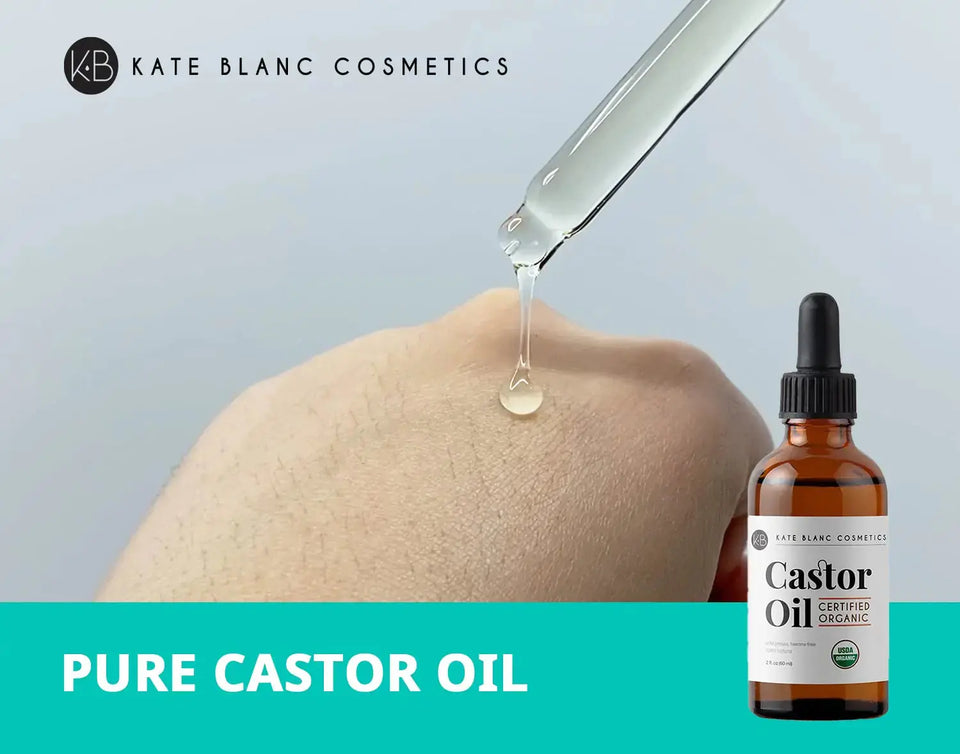 Kate Blanc Cosmetics Castor Oil (2oz), USDA Certified Organic, 100% Pure, Cold Pressed, Hexane Free. Stimulate Growth for Eyelashes, Eyebrows, Hair. Skin Moisturizer & Hair Treatment Starter Kit 2 Fl Oz (Pack of 1) Heaventlyshop