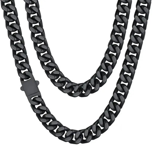 ChainsHouse Stainless Steel Mens Cuban Link Chain, Black/18K Gold Miami Cuban Chain Necklace, 5/7/9mm/12mm Width, No Tarnish& Durable Hip Hop Mens Jewelry, 18