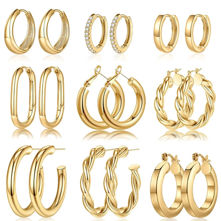 Yesteel 9 Pairs Gold Hoop Earrings for Women, 925 Sterling Silver Post 14K Real Gold Plated Chunky Hoop Earrings Set for Women Hypoallergenic Thick Lightweight Hoop Earrings for Women Gold Jewelry Gifts " Gold Heaventlyshop