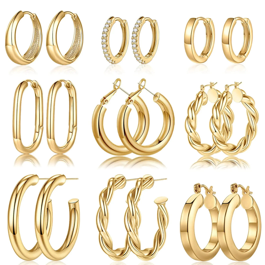 Yesteel 9 Pairs Gold Hoop Earrings for Women, 925 Sterling Silver Post 14K Real Gold Plated Chunky Hoop Earrings Set for Women Hypoallergenic Thick Lightweight Hoop Earrings for Women Gold Jewelry Gifts 