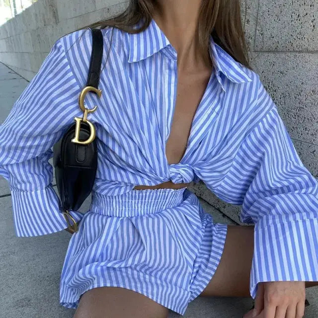 Striped Blouse Shirts and Shorts Matching Set Heaventlyshop