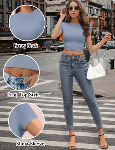 Womens Short Sleeve Crop Top Crew Neck Y2K Shirt Sexy Slim Fitted Casual Base Layer Soft Workout Shirt Going Out Tops X-Small Blue Heaventlyshop