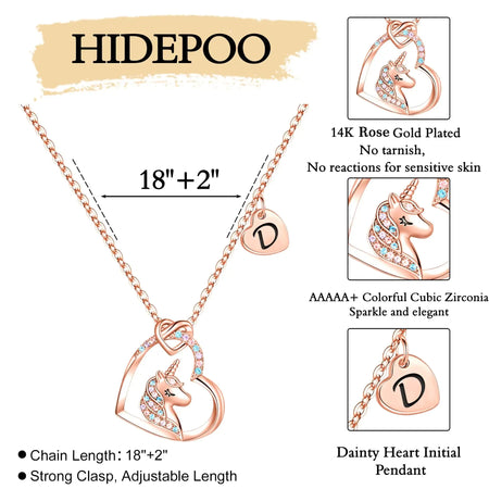 Hidepoo Unicorn Necklace for Girls Gifts - 14K Gold/Rose Gold/White Gold Plated Cubic Zirconia Heart Unicorn Necklace Gifts Jewelry Initial Unicorn Necklace Birthday Gifts Unicorns Gifts for Girls D Rose Gold Heaventlyshop